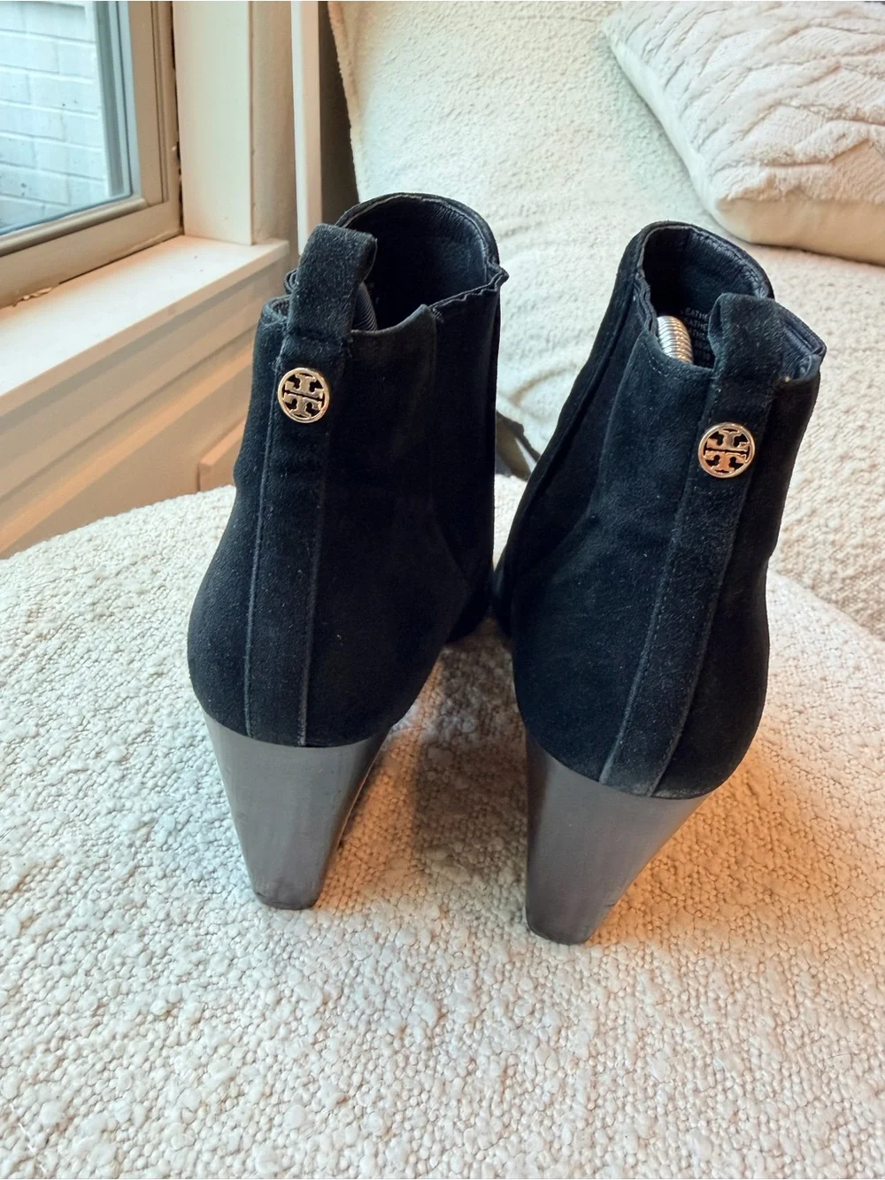 Tory Burch Gemma Open Toe Bootie in Black Royal Suede size 10